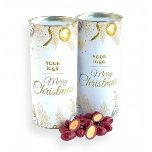 Słodycze Reklamowe z Logo (Christmas tube crispy almonds in Ruby chocolate and blackcurrant)