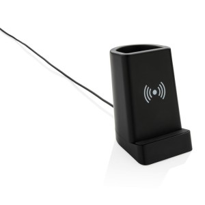 Gadżety reklamowe: Light up logo 5W wireless charging pen holder, black