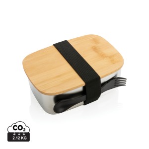 Gadżety reklamowe: Stainless steel lunchbox with bamboo lid and spork