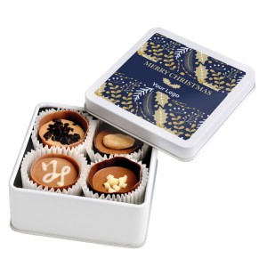Wyjątkowej jakości czekoladki w białym metalowym pudełku z Waszą reklamą