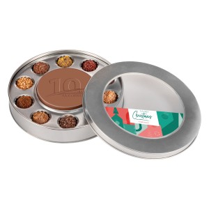 Okrągłe pudełko czekoladek w stylu art deco i czekoladowy medal z Waszym logo
