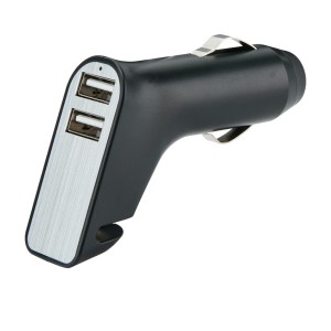 Gadżety reklamowe: Dual port car charger with belt cutter and hammer, black/sil